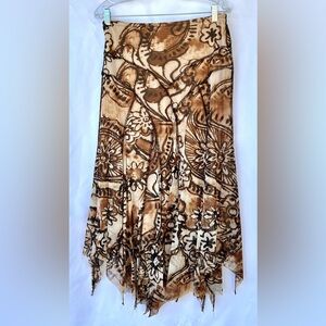 Vtg Joseph Ribkoff Brown Tan Floral Stretchy Jersey Asymmetrical Midi Skirt Sz8